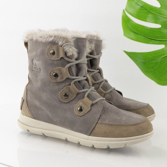 Sorel Womens Explorer Joan Boot Size 8 Gray Suede Waterproof Lace Up Fur Trim - Picture 1 of 12